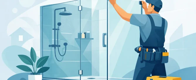 Illustration of a frameless glass shower enclosure installation in a modern bathroom.