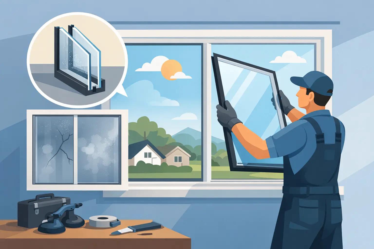 Illustration of insulated glass replacement for a foggy double-pane window in Santa Barbara