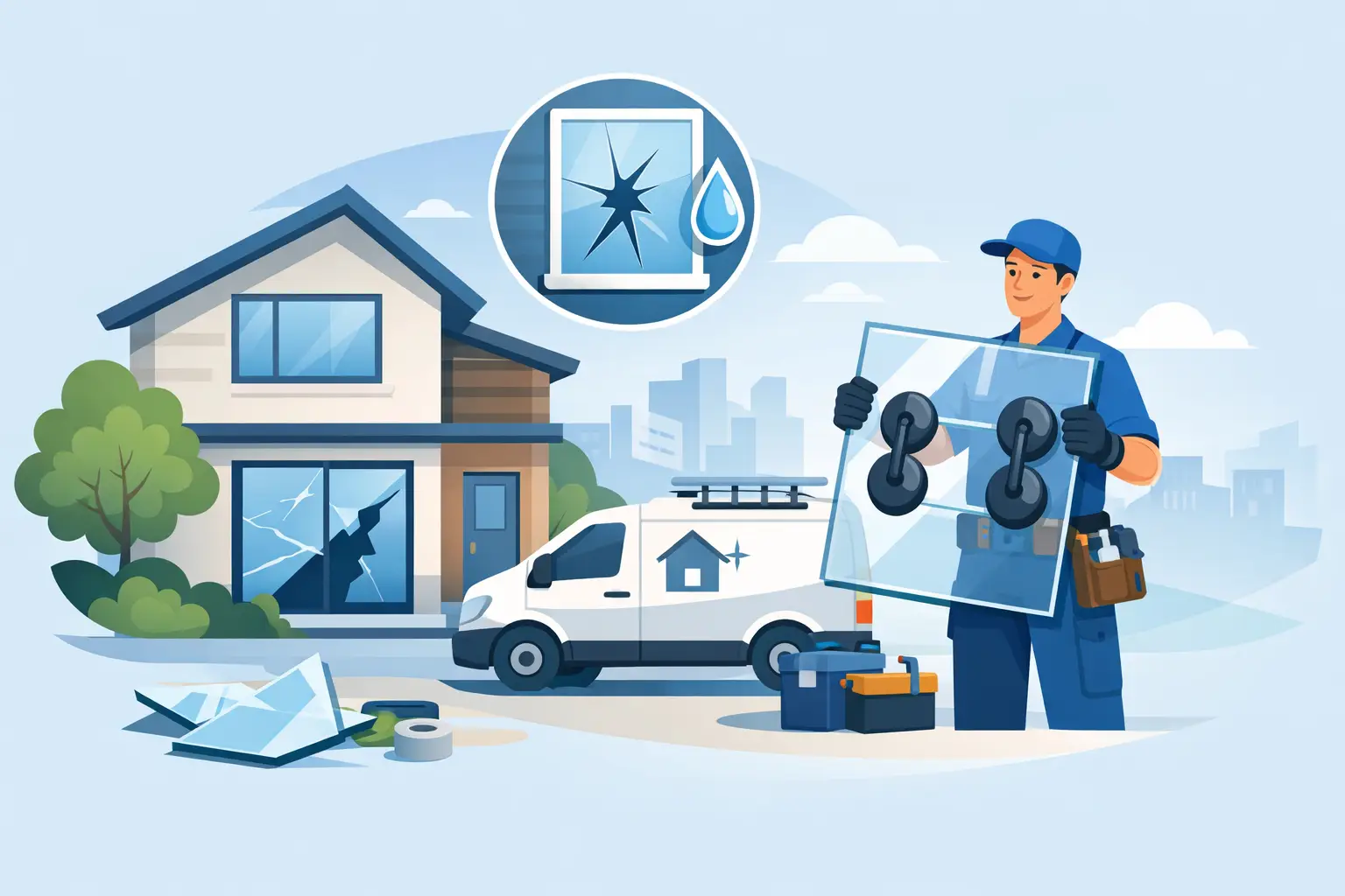 Illustration of a residential glass repair technician near a home with cracked window glass in Santa Barbara